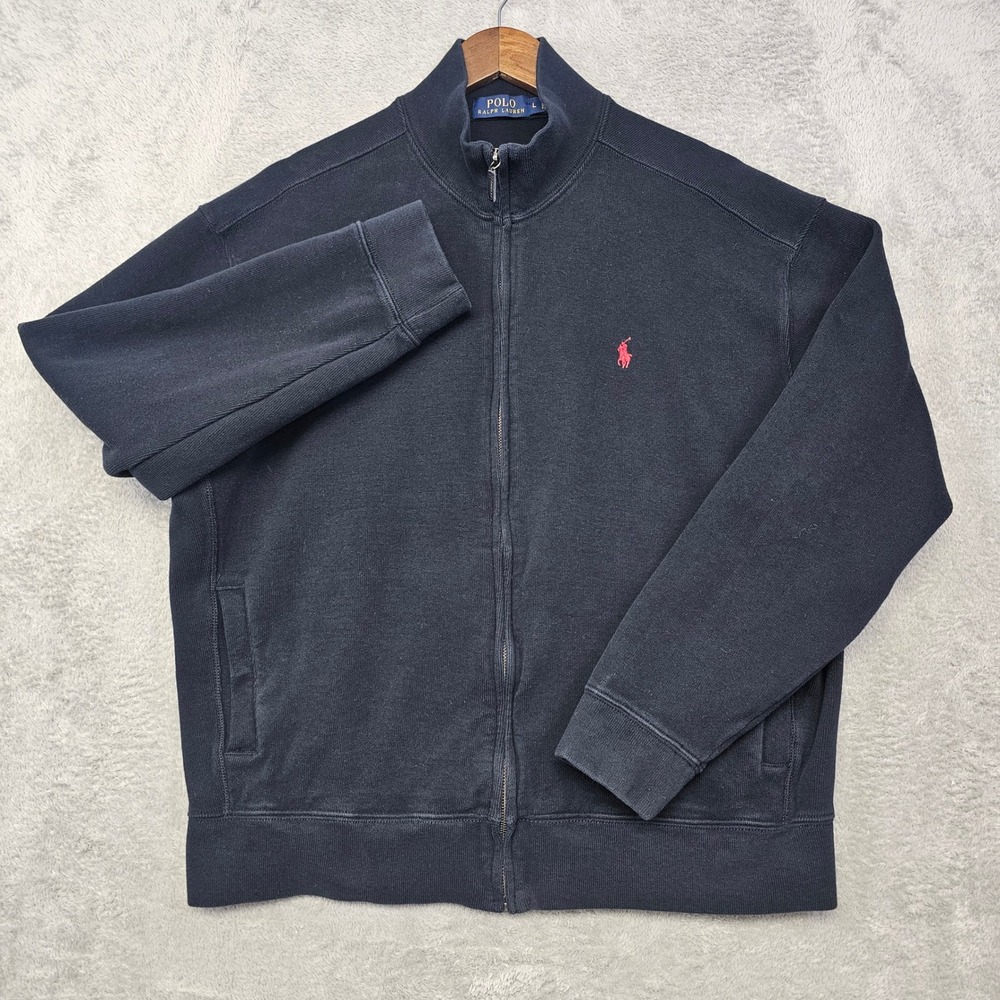 Polo Ralph Lauren Mens Full Zip Cotton Knit Jacket Navy Black Red Pony Logo L